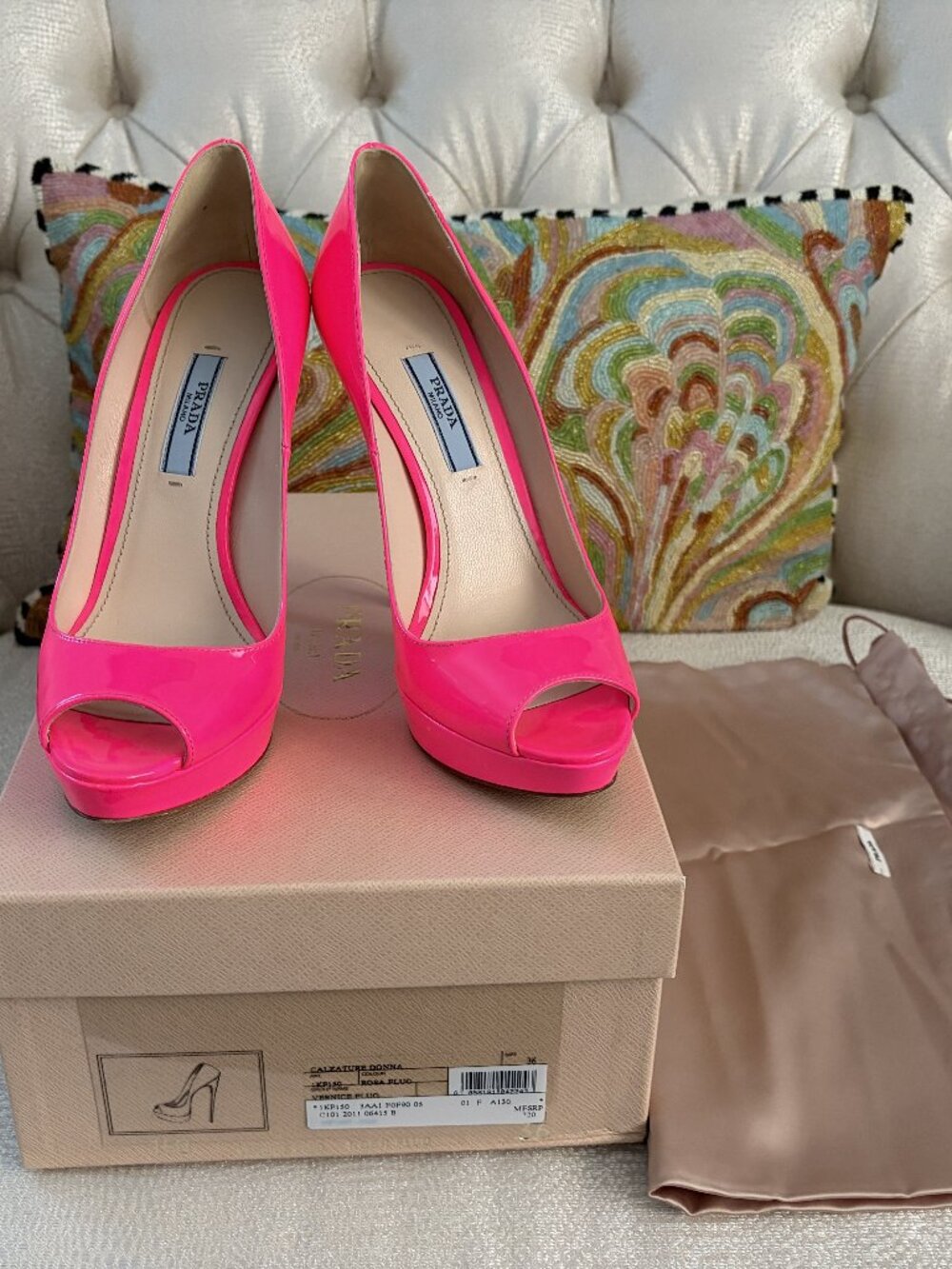 PRADA Calzature Donna Peep Toe Pumps, Rosa Fluorescent, Size 36, PRE-OWNED